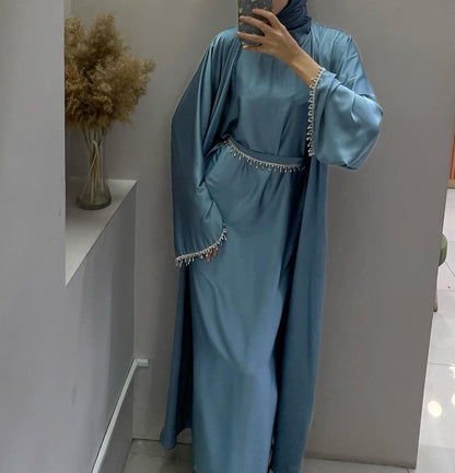 4pcs Set Cardigan+without  Sleeves Inner Dress+Crystal Chain+Hijab