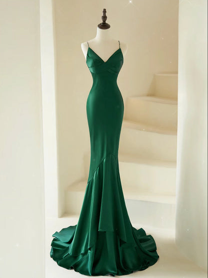Mermaid V Neck Satin Green Prom Dress