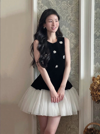 Stereoscopic Flower sleeveless mesh mini dress