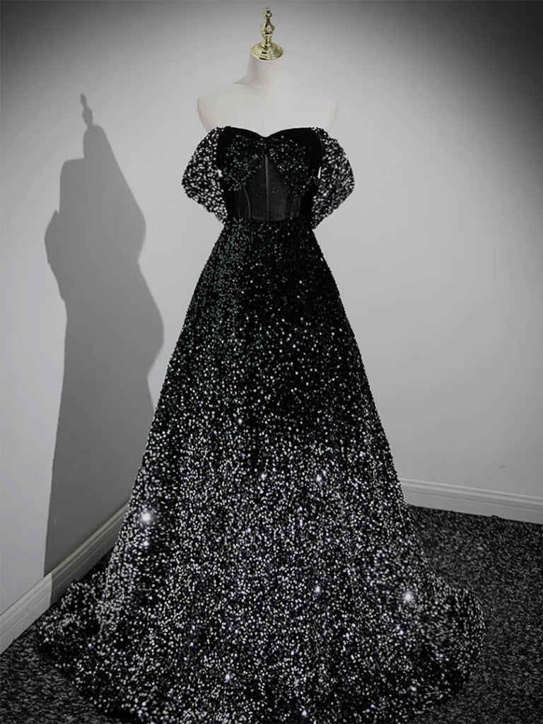 A-Line Neck Black Sequin Long Prom Dress