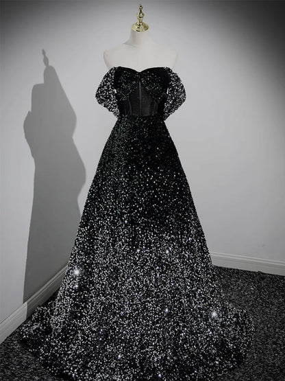 A-Line Neck Black Sequin Long Prom Dress
