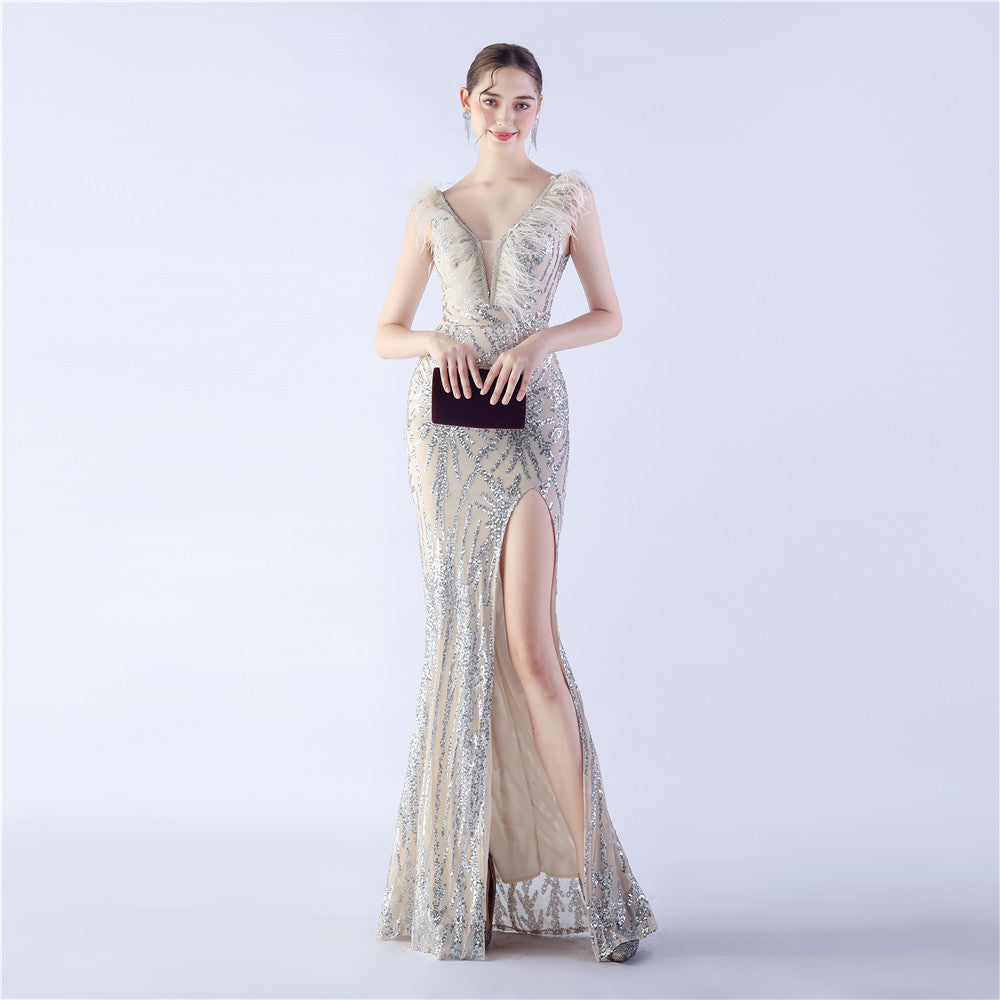 Camel Hair Side Split Formal Dress