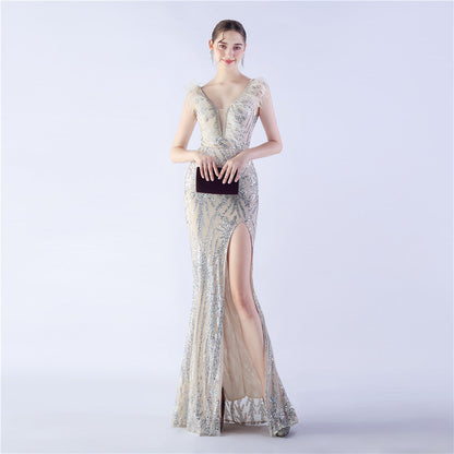 Camel Hair Side Split Formal Dress