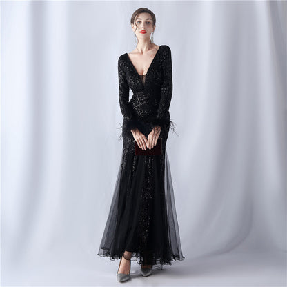 Ostrich Fur Mesh Beaded Formal Dresses