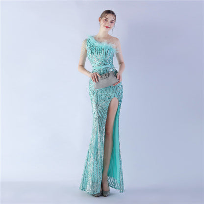Fur Slant Neck One Shoulder Formal Dress