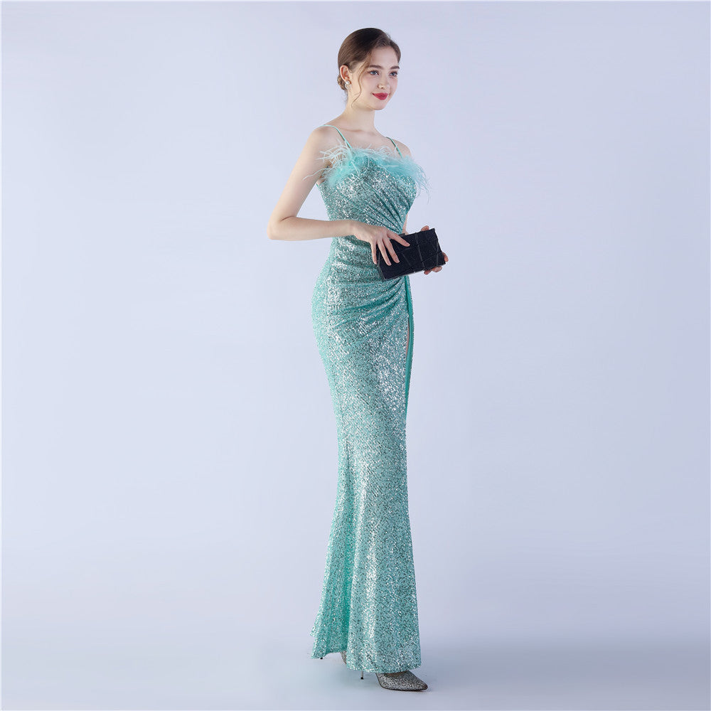 Ostrich Beaded Side Split Formal Dress