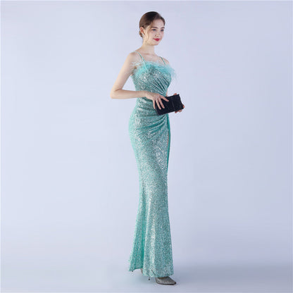 Ostrich Beaded Side Split Formal Dress