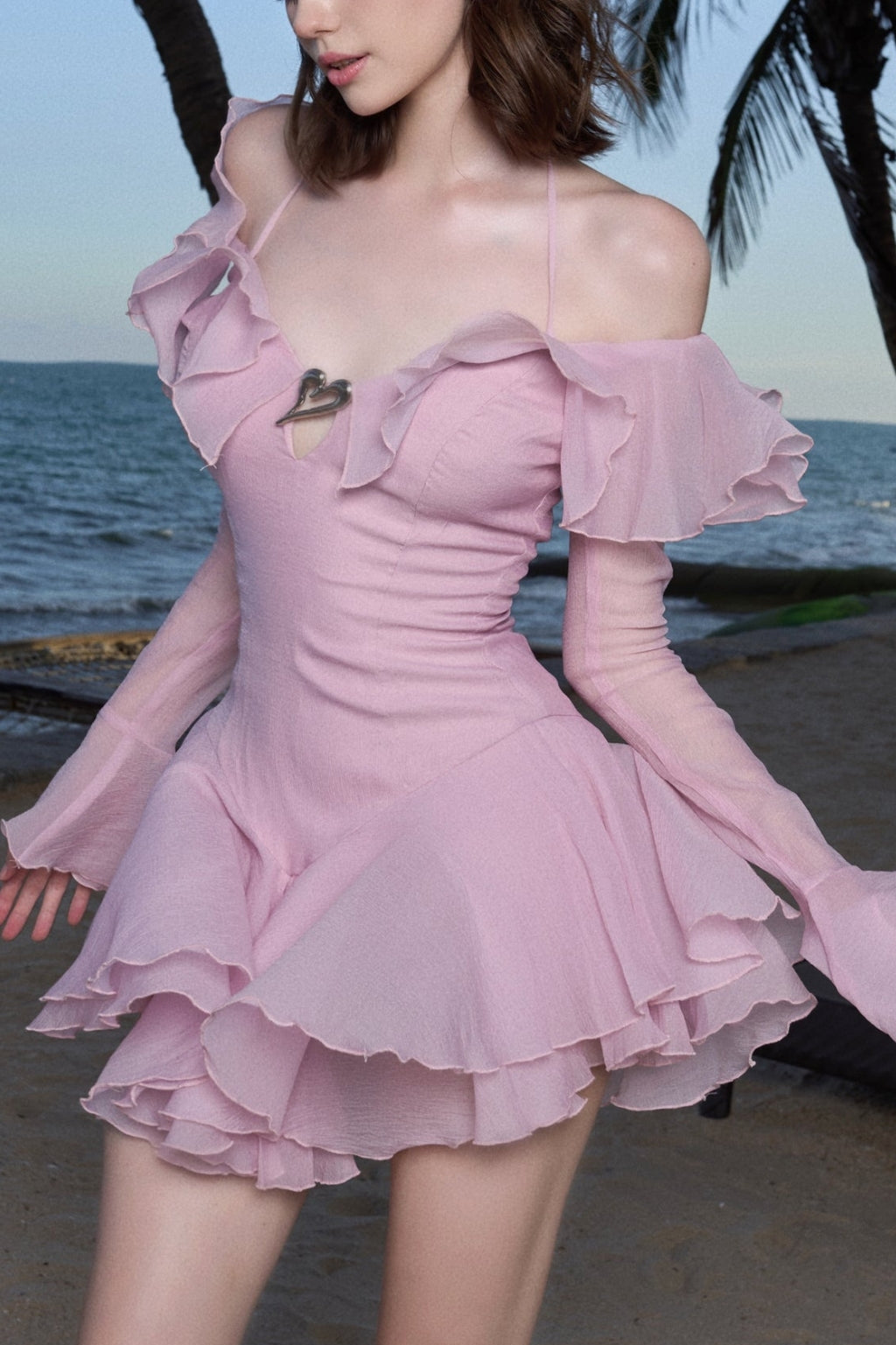 RUFFLED HALTER MINI DRESS IN PINK