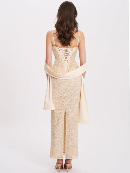 Raizel Gold Beaded Sequin Bodycon Gown with Scarf