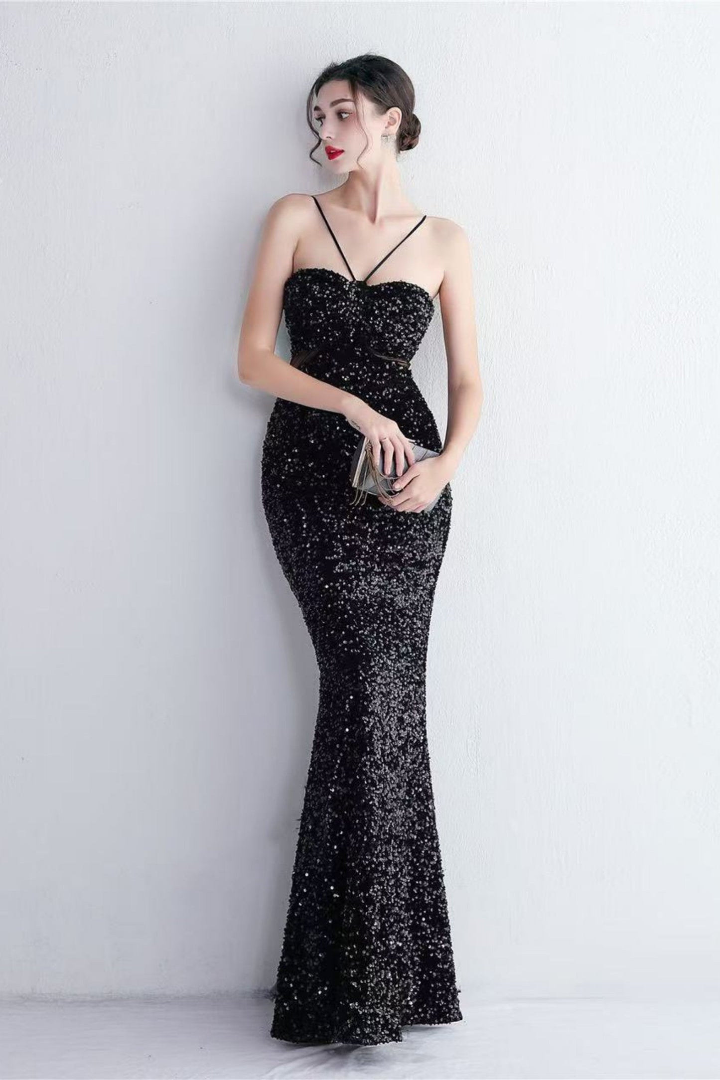 MARIAN BLACK CUTOUT SEQUINS HALTER MAXI DRESS