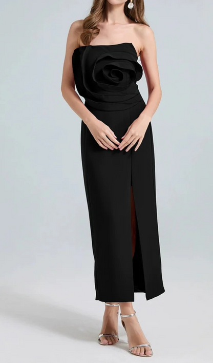 michelle 3d flower strapless midi dress in black