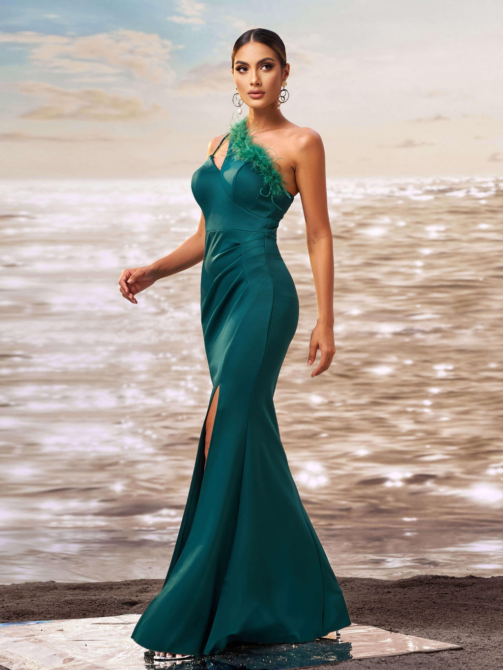 One Shoulder Feather Cutout Formal Dress