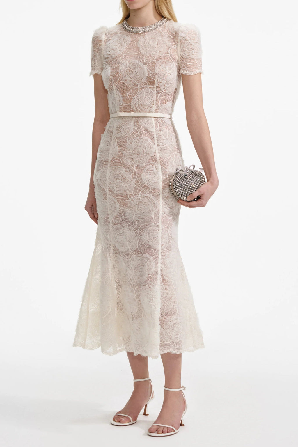 Tulle Lace Diamante Midi Dress in Beige