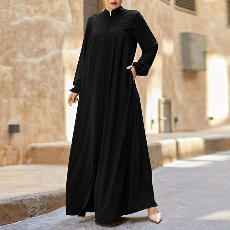 Muslim Style Arabic Style Stand-up Collar Zipper Pockets Abaya Casual Dresses