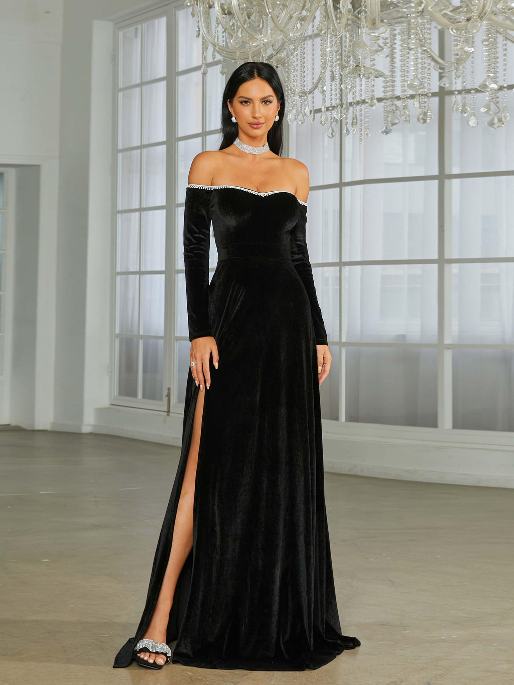 Off Shoulder Split Black Velvet Evening Dress