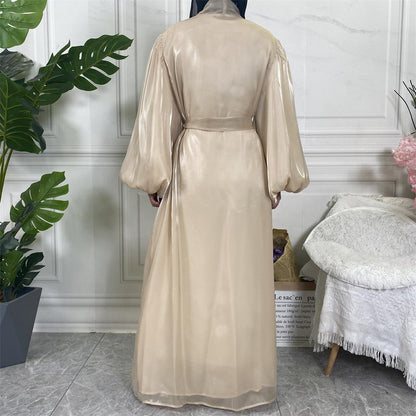 Shiny Silk Balloon Sleeves Lined Cardigan
