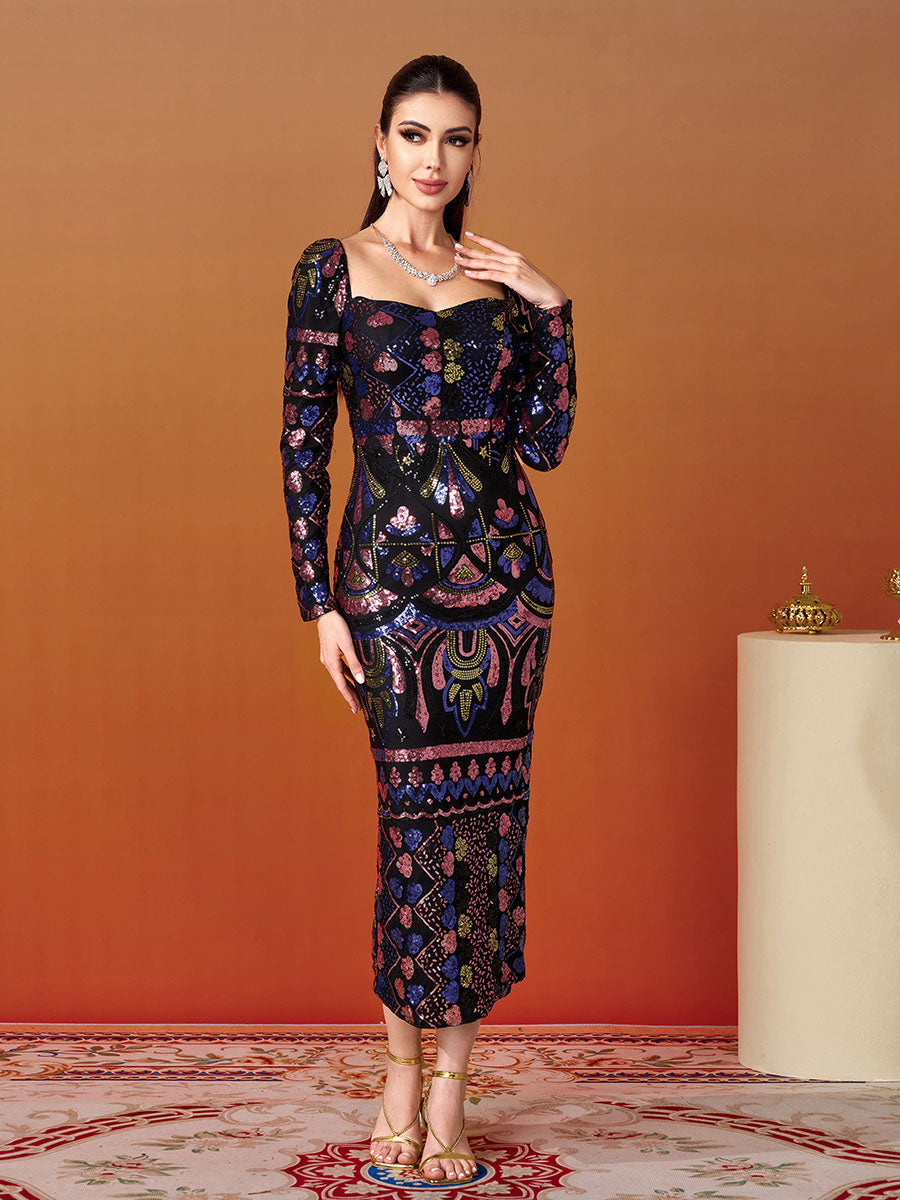 Square Neck Long Sleeve Split Sequin Dress
