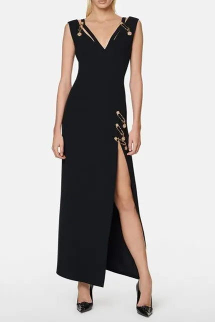 v-neck Pin-embellished maxi Dress in black