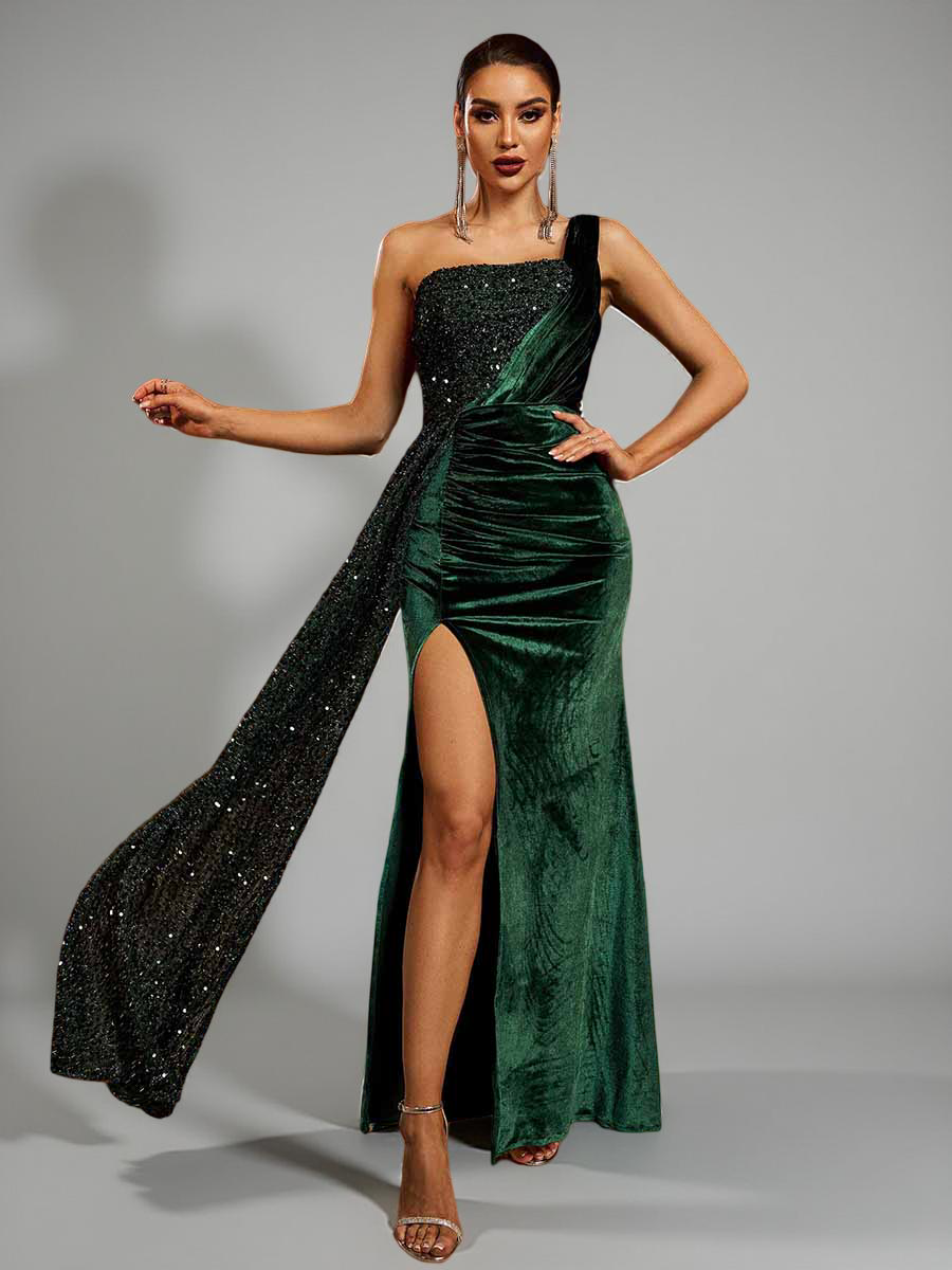 One Shoulder Velvet Split Thigh Prom Dress