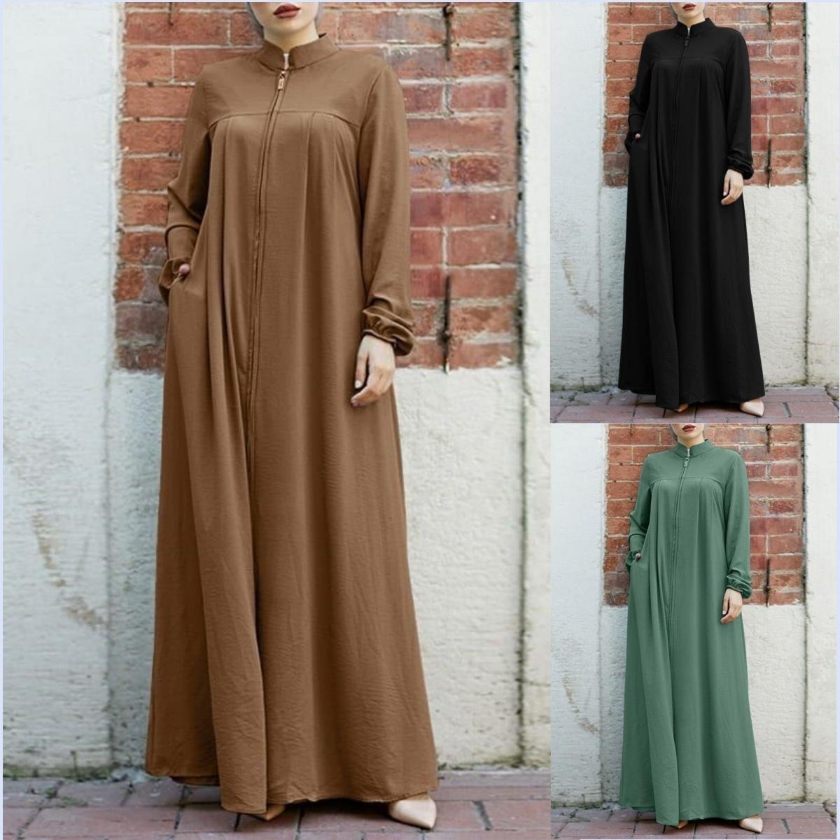 Muslim Style Arabic Style Stand-up Collar Zipper Pockets Abaya Casual Dresses