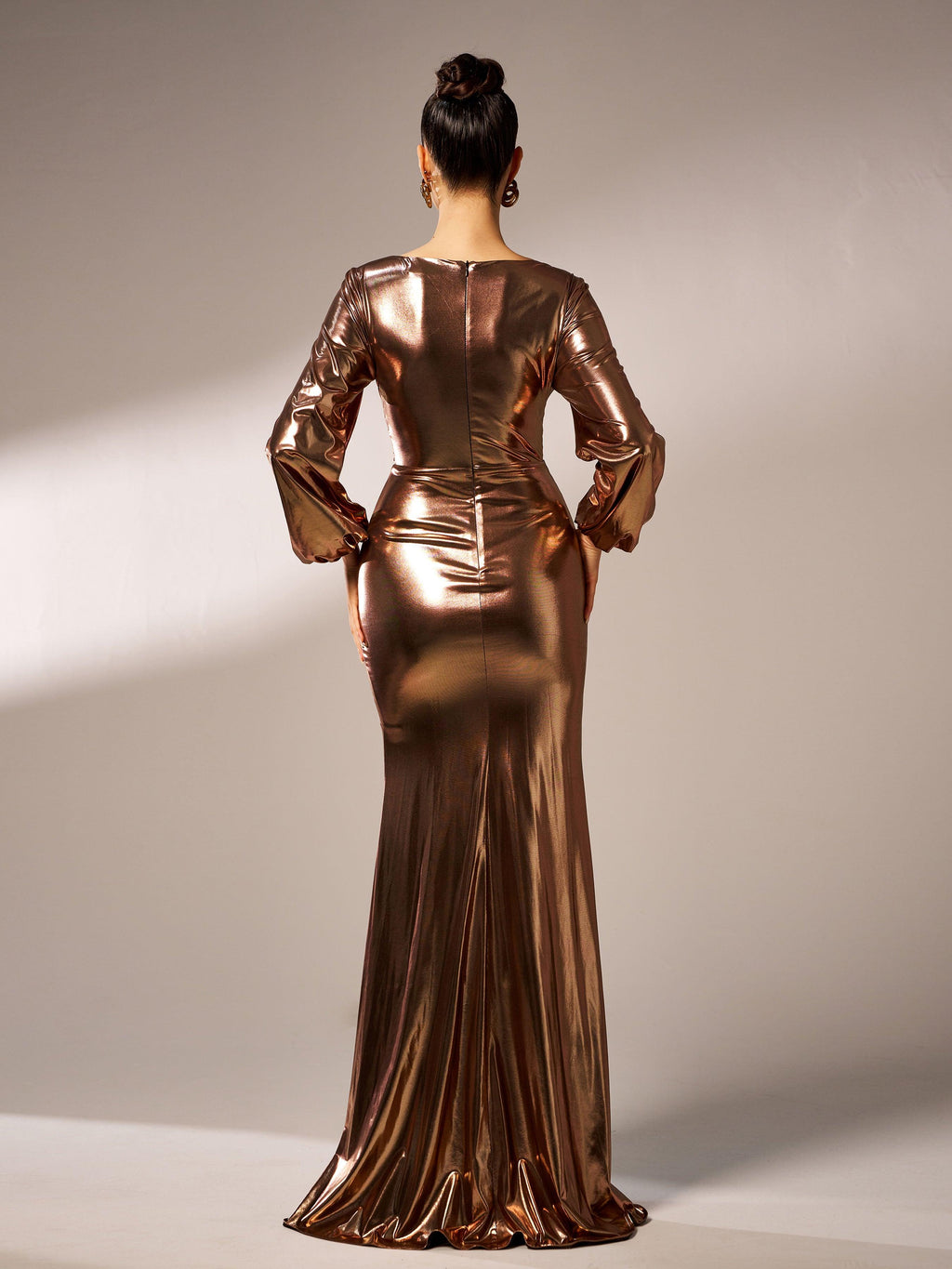 Wrap Long Sleeve Metallic Prom Dress