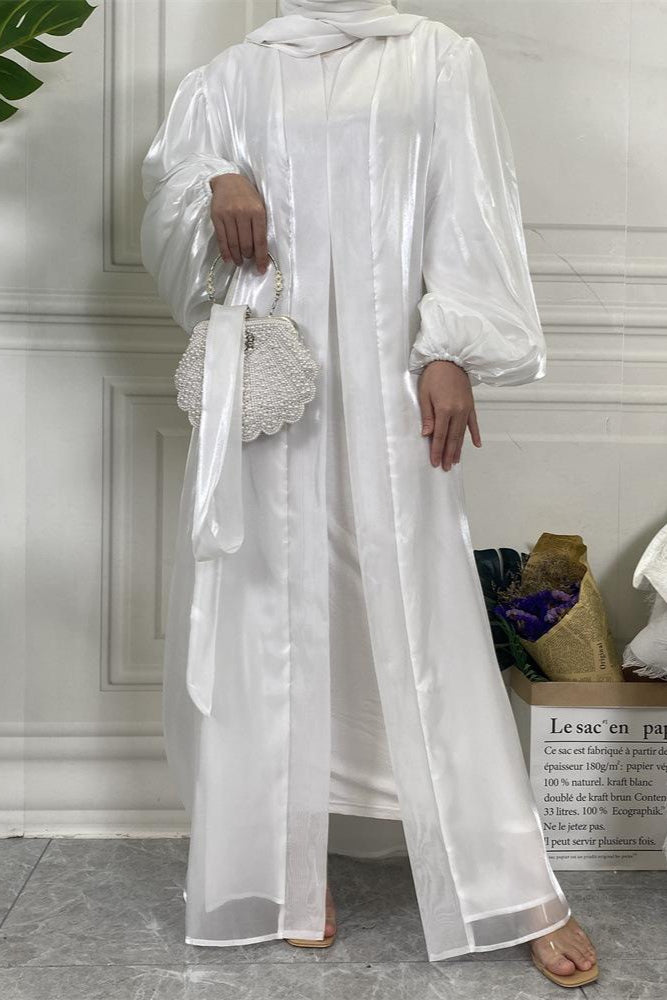 Shiny Silk Balloon Sleeves Lined Cardigan