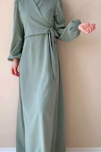 Temperament Long Sleeve Fake Two-piece Lace-up Dress Long Skirt