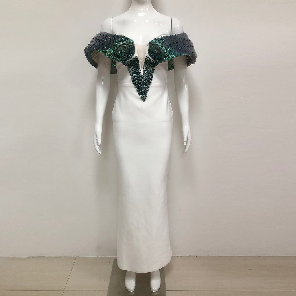 Off-Shoulder pearl embellished bodycon maxi dress in green