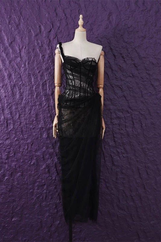Lace Corset One Shoulder Midi Dress - Black