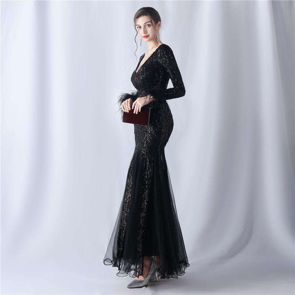 Ostrich Fur Mesh Beaded Formal Dresses