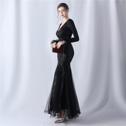 Ostrich Fur Mesh Beaded Formal Dresses