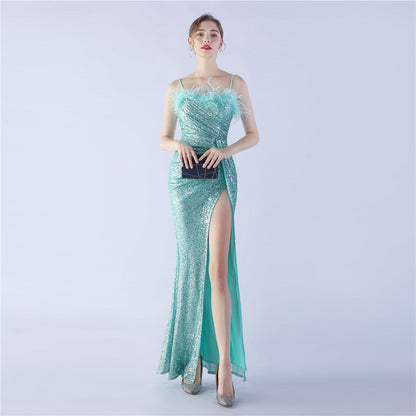 Ostrich Beaded Side Split Formal Dress