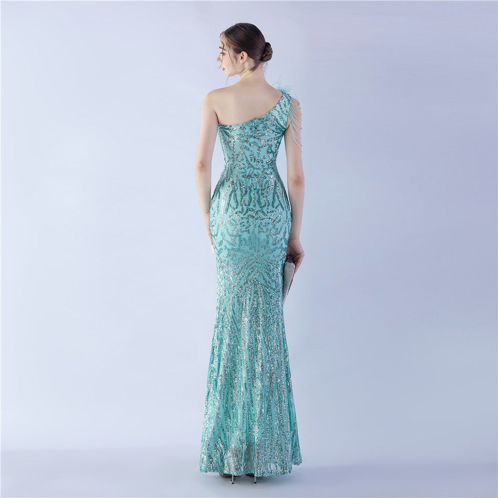 Fur Slant Neck One Shoulder Formal Dress
