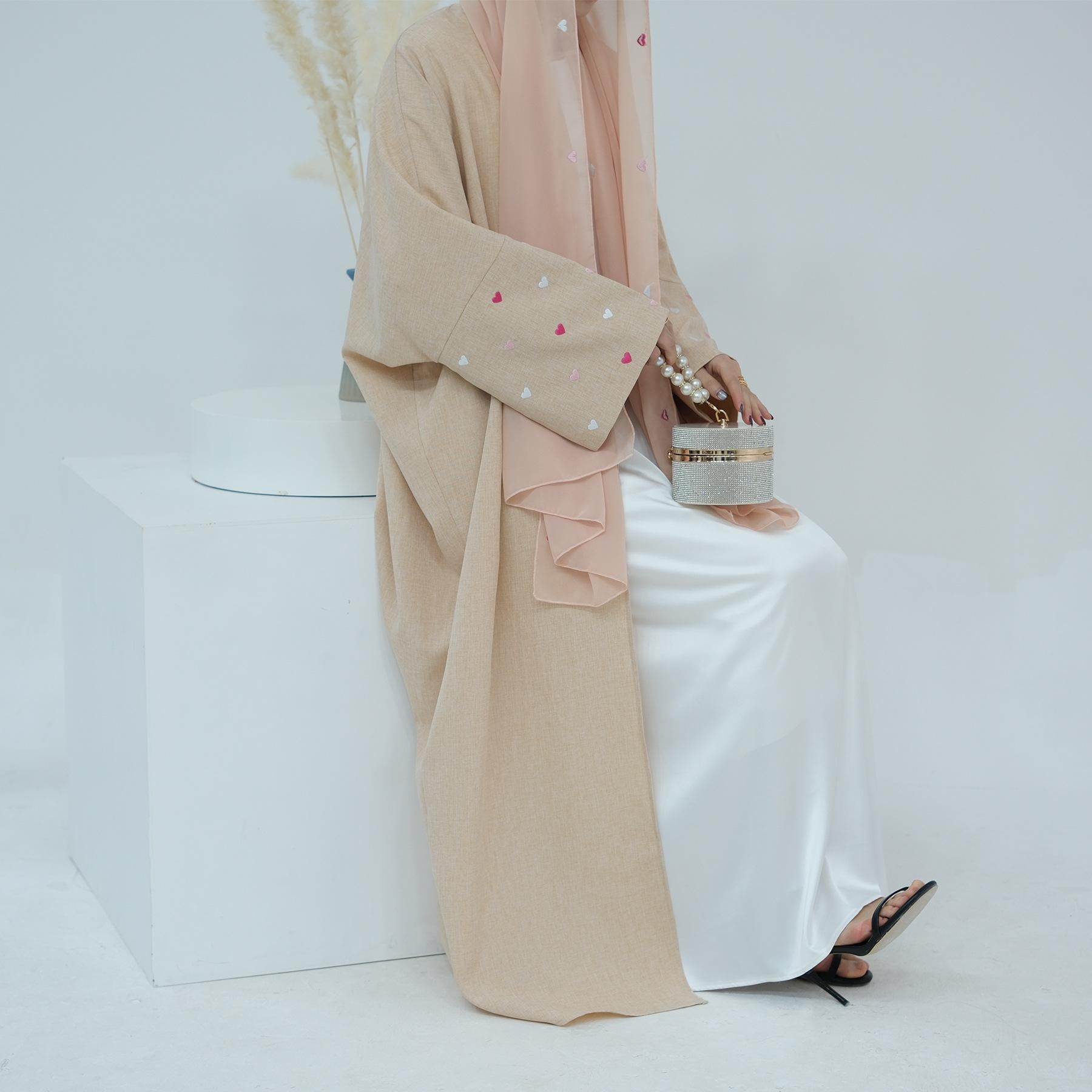 2pcs Set Heart Embroidered Cardigan Robe and Love Hijab