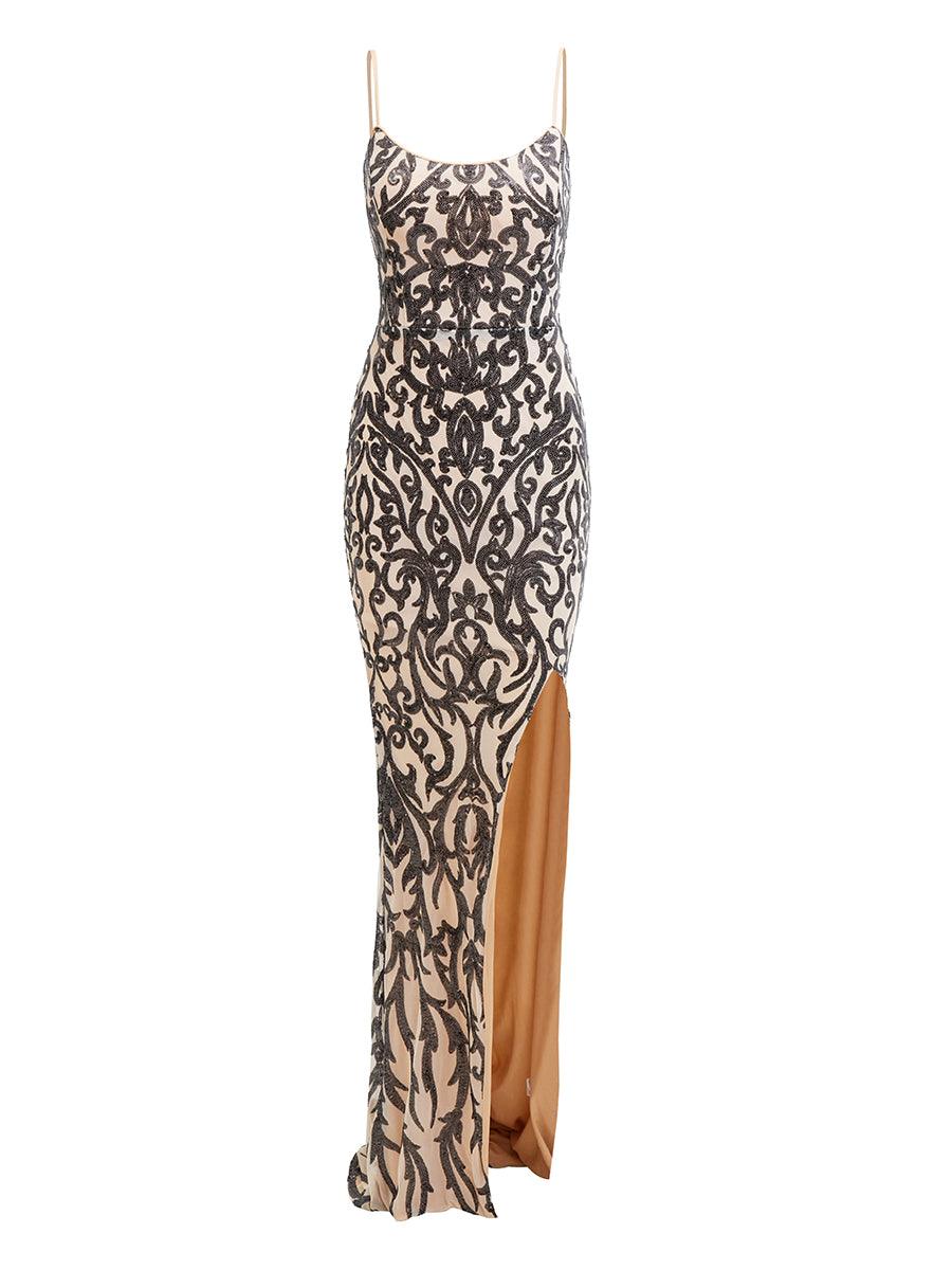 Spaghetti Black Split Maxi Sequin Dress