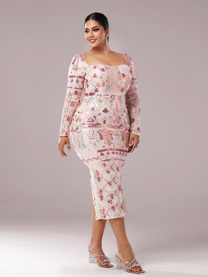 Square Neck Long Sleeve Split Sequin Dress