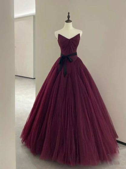 A line burgundy tulle dress