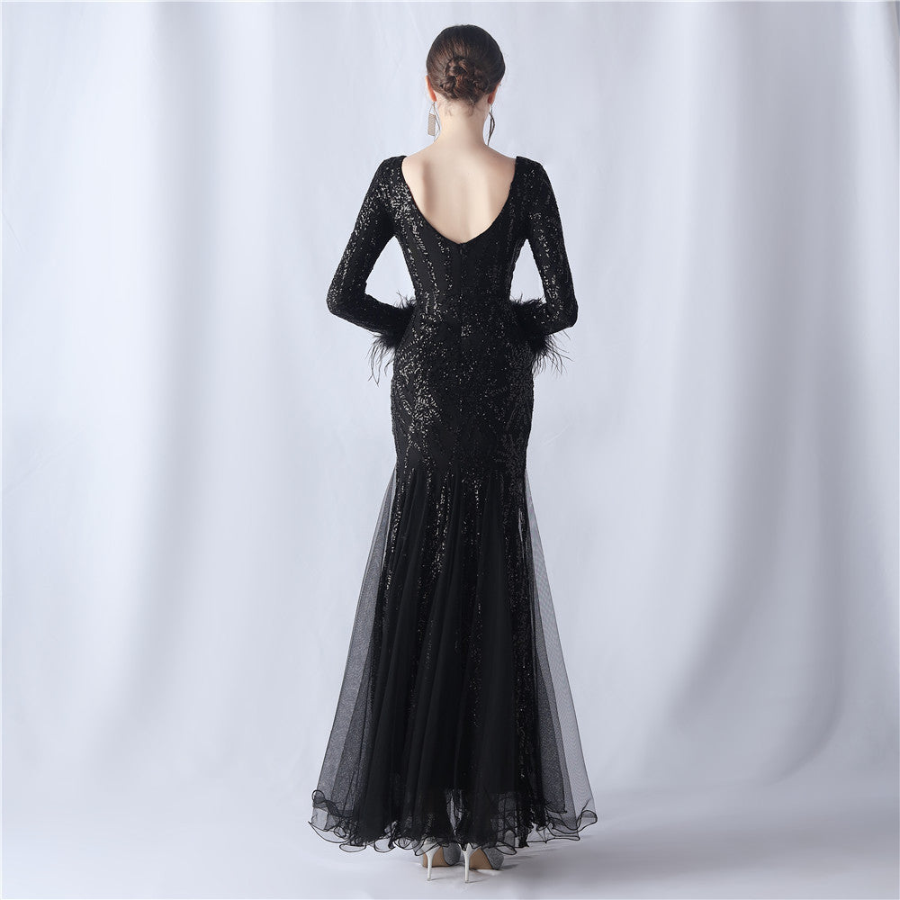 Ostrich Fur Mesh Beaded Formal Dresses