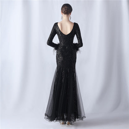 Ostrich Fur Mesh Beaded Formal Dresses