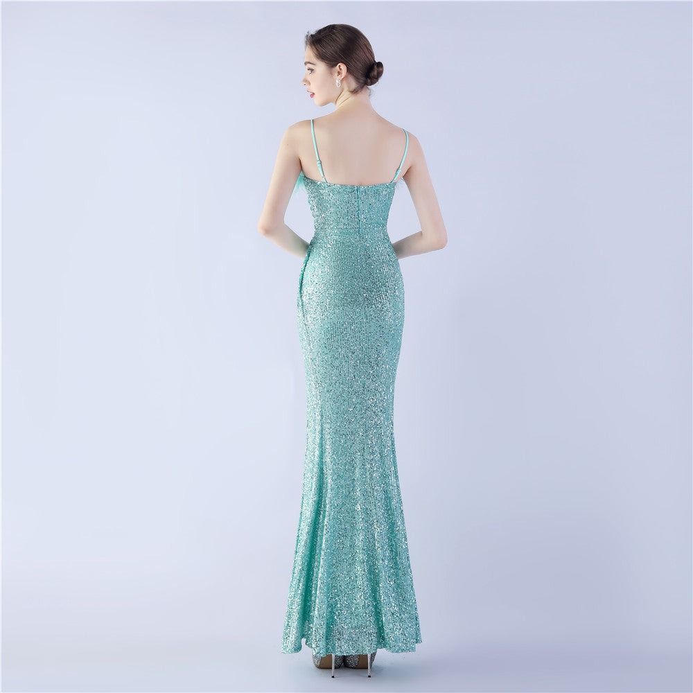 Ostrich Beaded Side Split Formal Dress