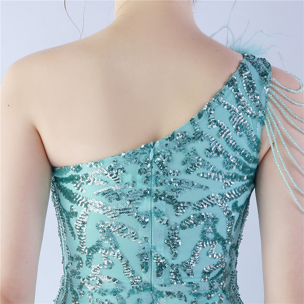 Fur Slant Neck One Shoulder Formal Dress