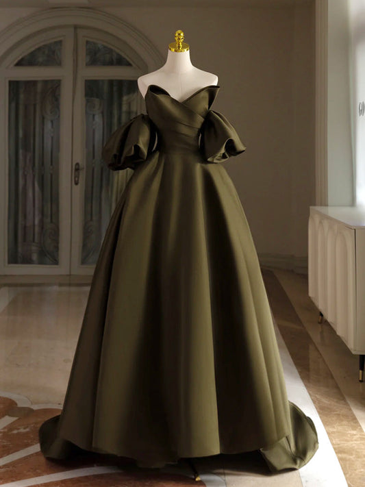 A-Line Puff Sleeves Olive Green Satin Prom Dress