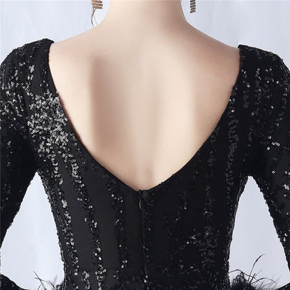 Ostrich Fur Mesh Beaded Formal Dresses