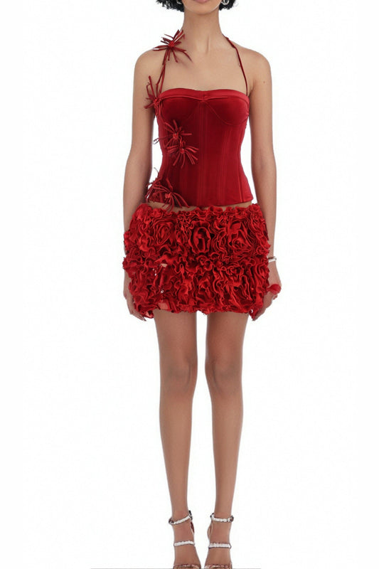 velvet corset floral mini skirt suit in red