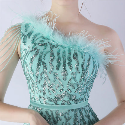 Fur Slant Neck One Shoulder Formal Dress