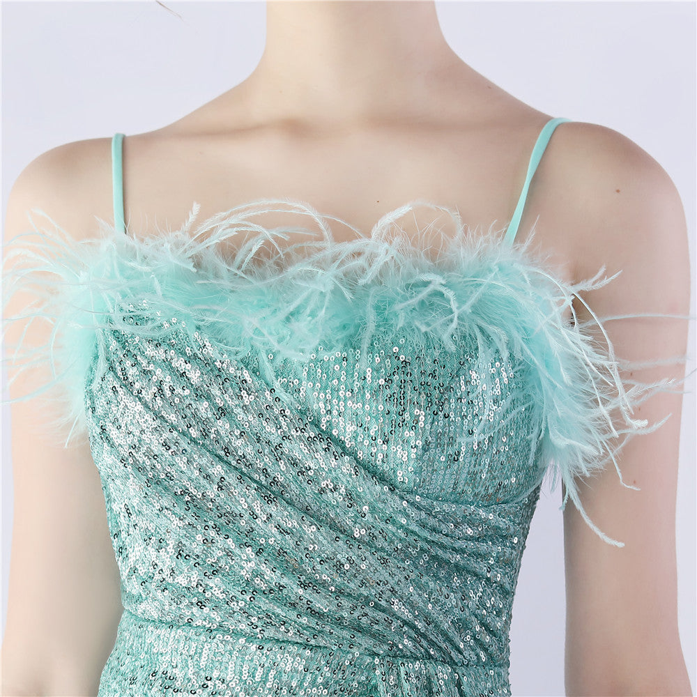 Ostrich Beaded Side Split Formal Dress