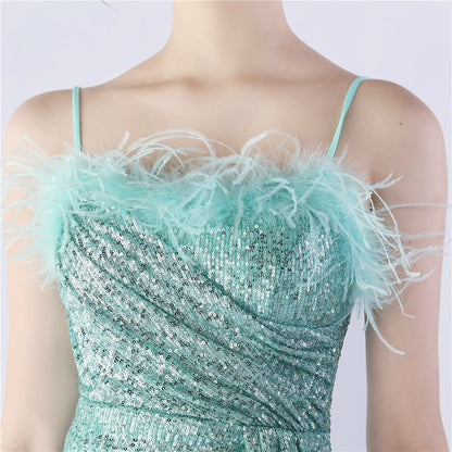 Ostrich Beaded Side Split Formal Dress
