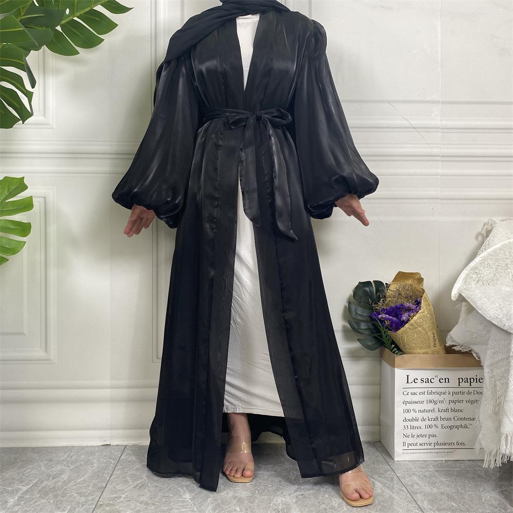 Shiny Silk Balloon Sleeves Lined Cardigan