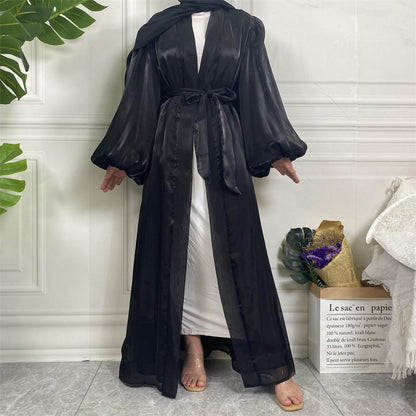 Shiny Silk Balloon Sleeves Lined Cardigan