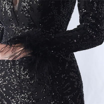 Ostrich Fur Mesh Beaded Formal Dresses